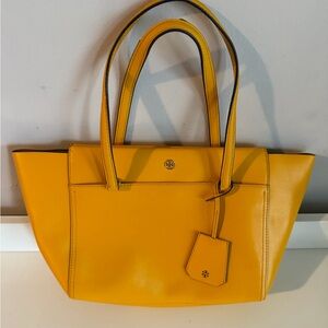 Tory Burch Robinson Yellow Saffiano Leather Tote Shoulder Bag Gold Logo Large